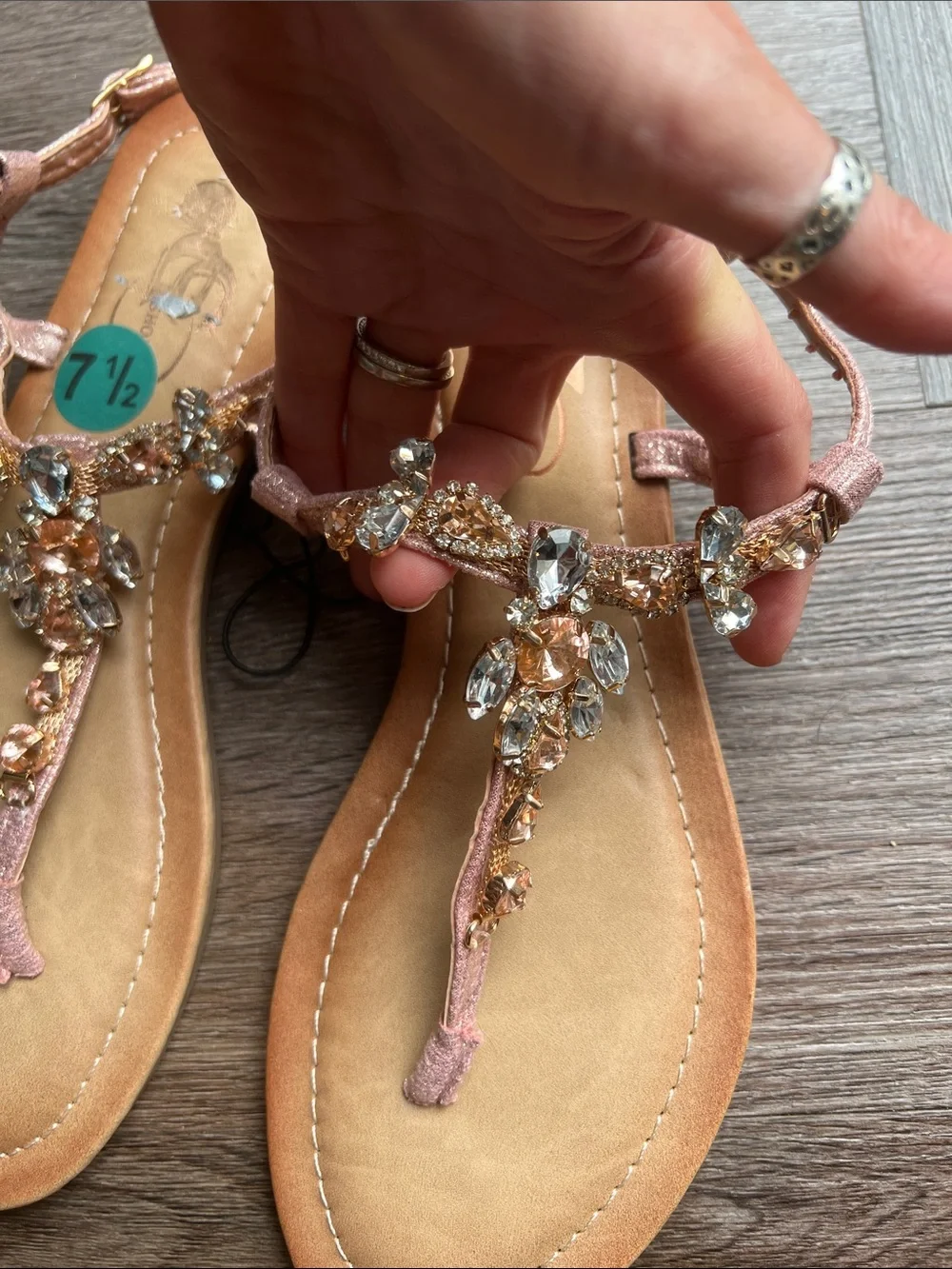 Women's Blush Pink and Gold Jeweled T-Strap Sandals NWT size 7.5